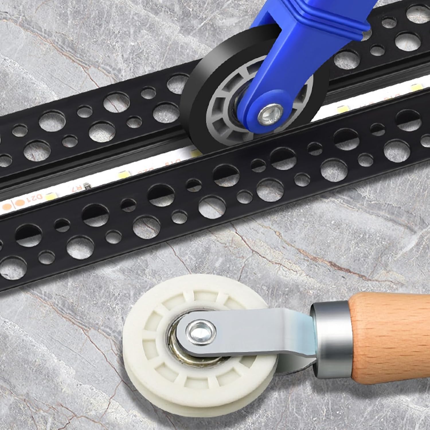 Corner Turn Roller Tool Set 3 Piece LED Light Tape Install Tools with Two, Wood Mixed Handle Combination, Cabinet Wall Adhesive Pressing Work Tape Light Applicator Roller Channel Tool Trim Wall