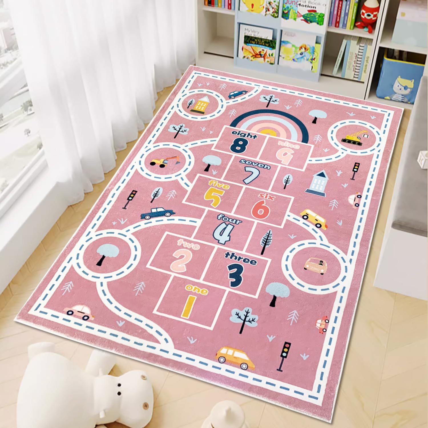Abeigoi Kids Rug Carpet Hopscotch Play Mat 3x5Ft Pink Car Road Area Rug for Kids Girls Boys Bedroom Playroom Nursery, Nonslip Numbers Educational