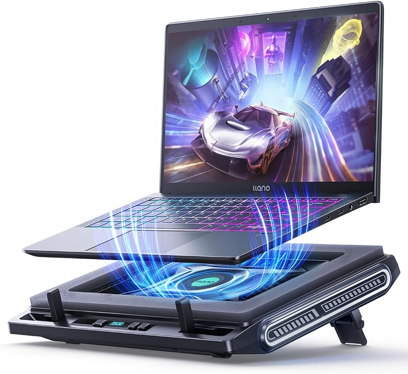 llano Laptop Cooler, Gaming Laptop Cooling Pad with 3500RPM Turbofan | 4.72 Inch External Fan Laptop Stand, Adjustable Variable Speed, Button Control, Seal Foam for Laptop13-17.3in, V10, Black