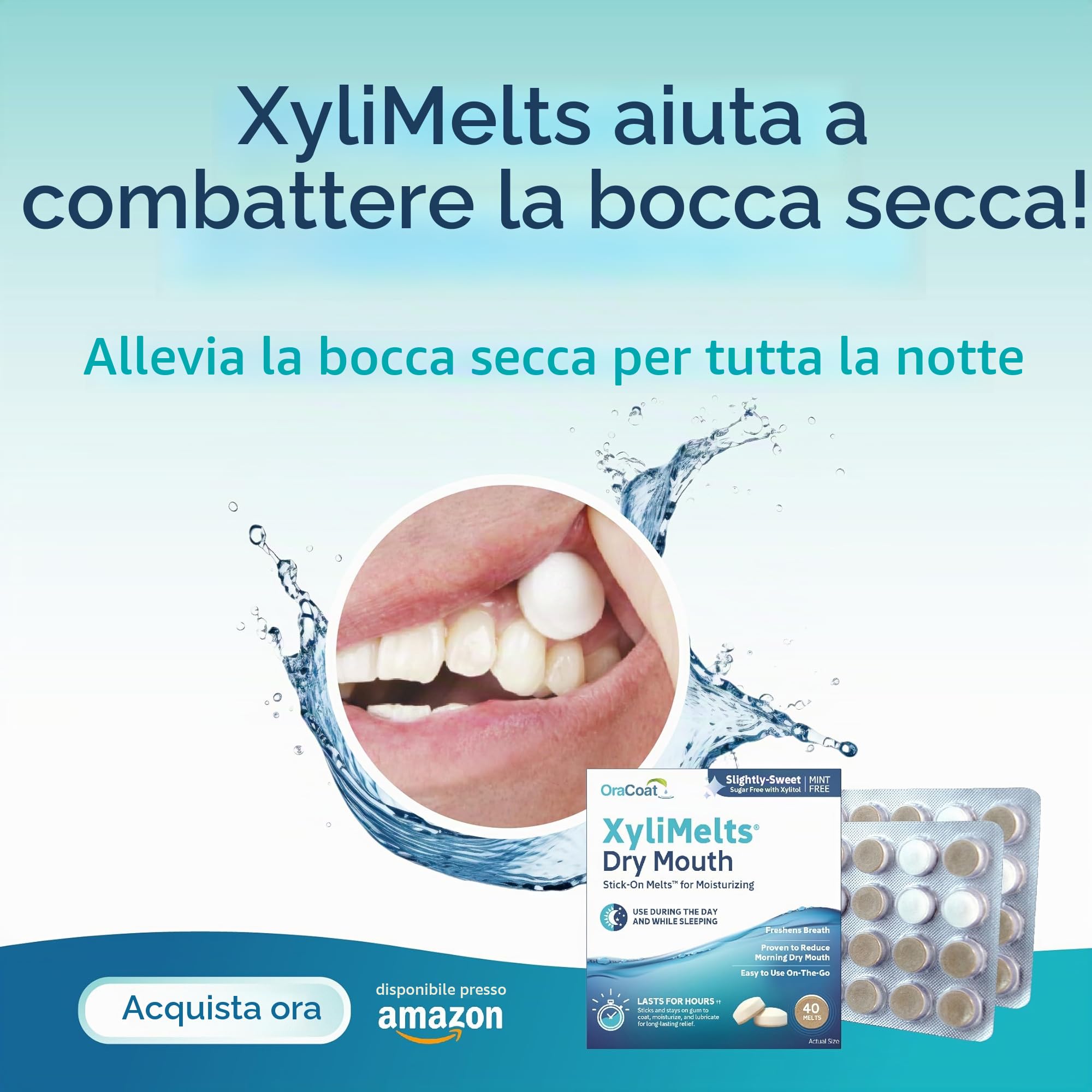 XyliMelts Natura, 80 pezzi, pastiglie adesive contro la secchezza delle fauci notturni, idratano la bocca durante il sonno per 4-8 ore, con xilitolo: sapore leggermente dolciastro, contro la bocca