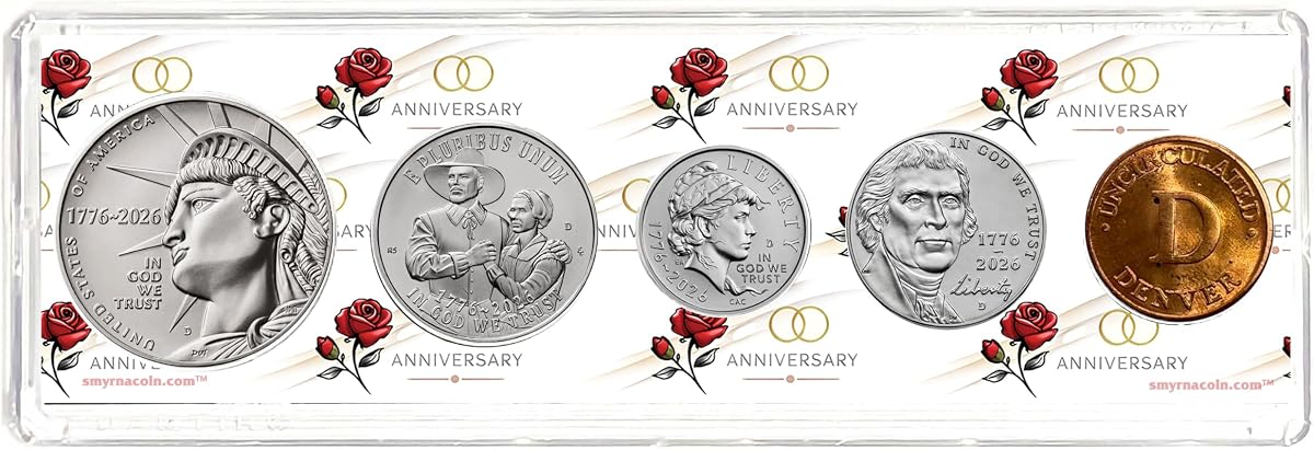 Juego de monedas del año del aniversario 2026 en soporte de feliz aniversario - Monedas con doble fecha - Colección de monedas semiquincentenario SemiQ sin circular