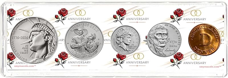 Juego de monedas del año del aniversario 2026 en soporte de feliz aniversario - Monedas con doble fecha - Colección de monedas semiquincentenario SemiQ sin circular