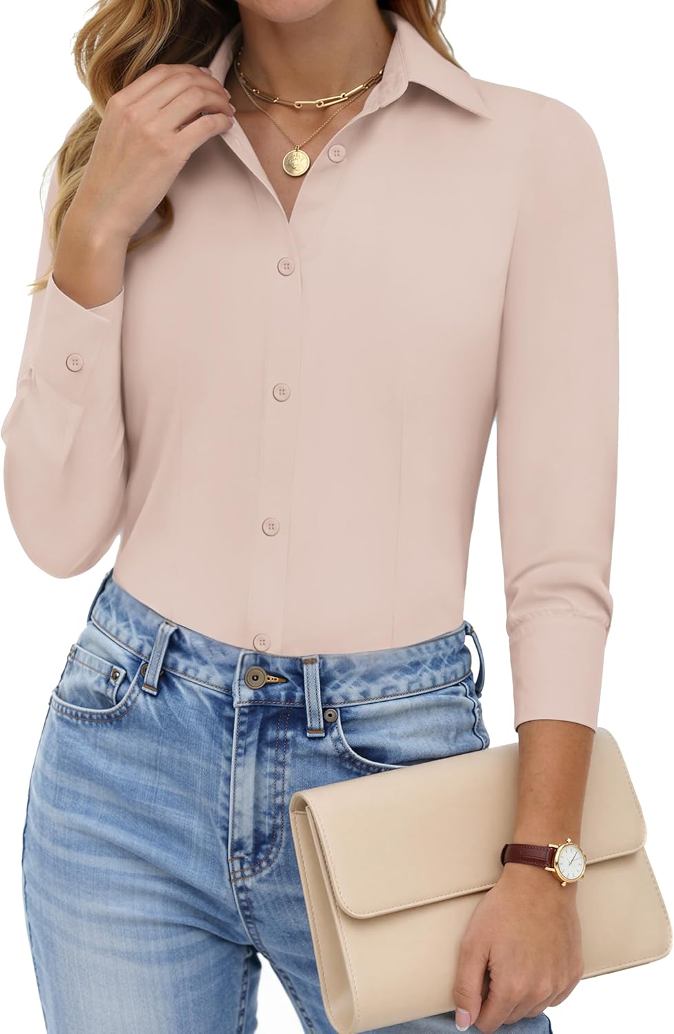 HOTOUCH Women Button Down Shirts Long Sleeve Stain Shield Dress Shirts Slim fit Work Blouses Office Business Tops - Image 2