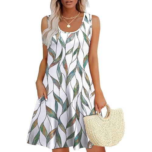 WEESO Womens Summer Dresses Loose U Neck Sleeveless Sundresses Dress with Pockets