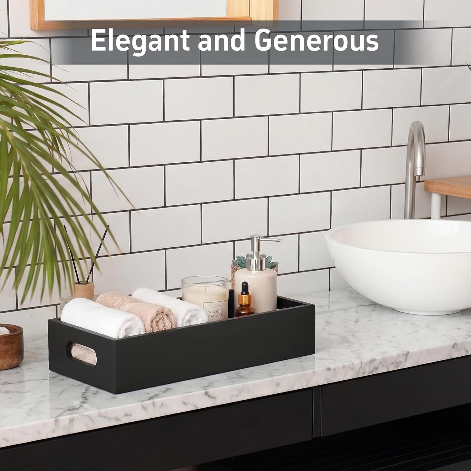 2 Pcs Bathroom Basket Wooden Toilet Tank Paper Basket with Handle Black Bathroom Decor Box Back of Toilet Storage Organizer for Bedroom Vanity Kitchen Countertop Dresser Shelf Decor