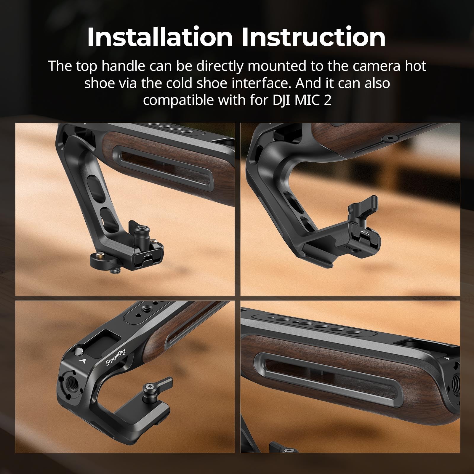 SMALLRIG Maniglia superiore in legno con morsetto NATO e guida NATO, supporto per telecamera con maniglia superiore in legno, capacità di carico fino a 15 kg, fori di posizionamento da 3/8"-16 - 5251