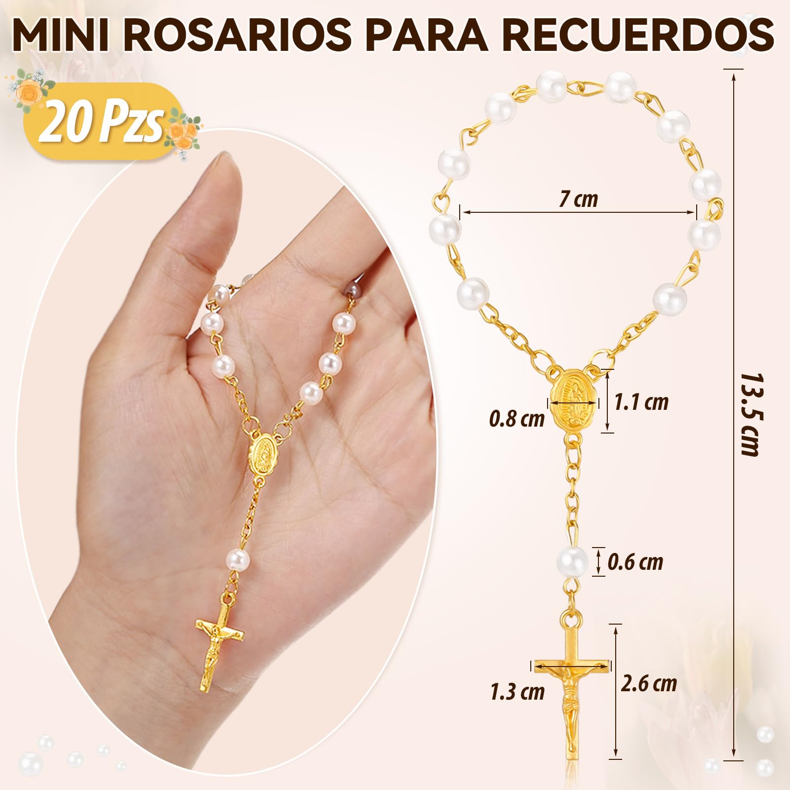 LEMESO 20 Piezas Recuerdos para Bautismo Comunión Rosario con Cruz Decorativo, Regalos Bautizo para Invitados, Detalles de Boda y Baby Shower, Dorado