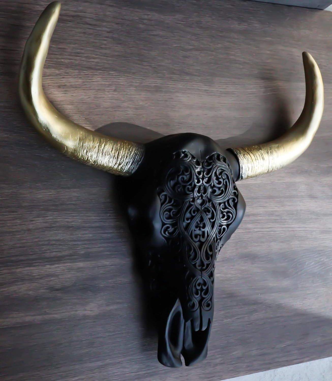 Ebros Gift Black and Gold Tribal Floral Vines Tattoo Tooled Filigree Steer Bull Cow Skull Head with Horns Wall Mount Decor Artistic Native Animal Bust Skulls Hanging Mounted Plaque Sculpture