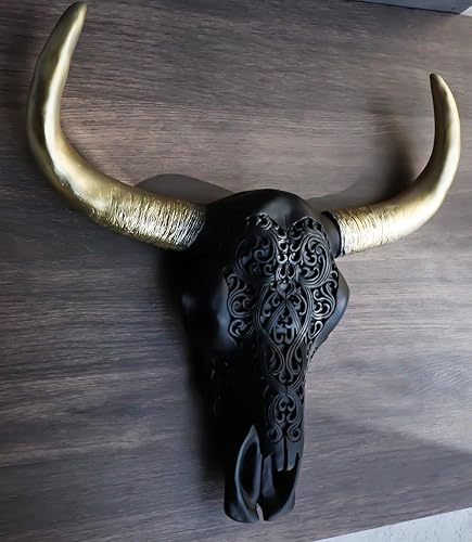 Miniatura 8 de Ebros Gift Black and Gold Tribal Floral Vines Tattoo Tooled Filigrana Steer Bull Cow Skull Head with Horns Wall Mount Decor Artistic Native Animal