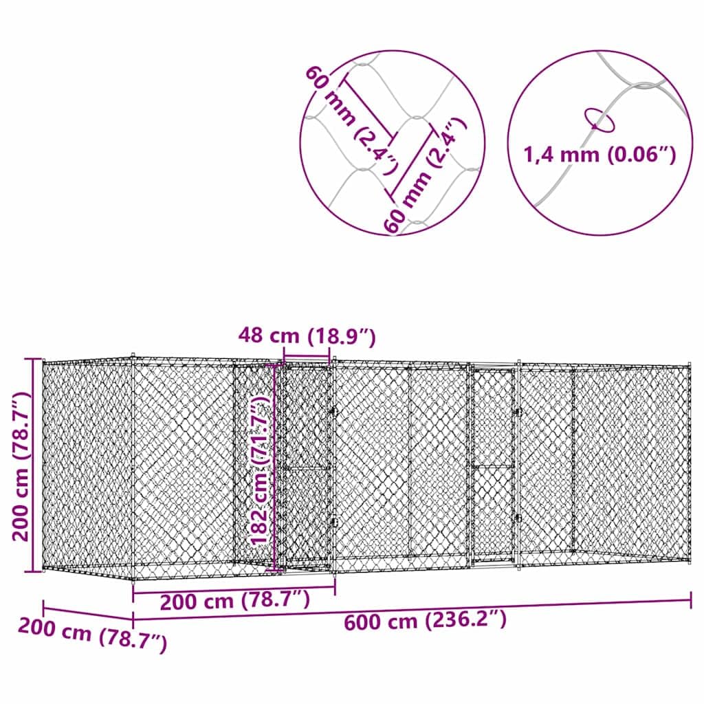 Gabbia per cani in acciaio zincato, 600 x 200 x 200 cm, con porta richiudibile, grande cuccia per cani, per esterni, giardino, terrazza, barriera sicura per animali domestici
