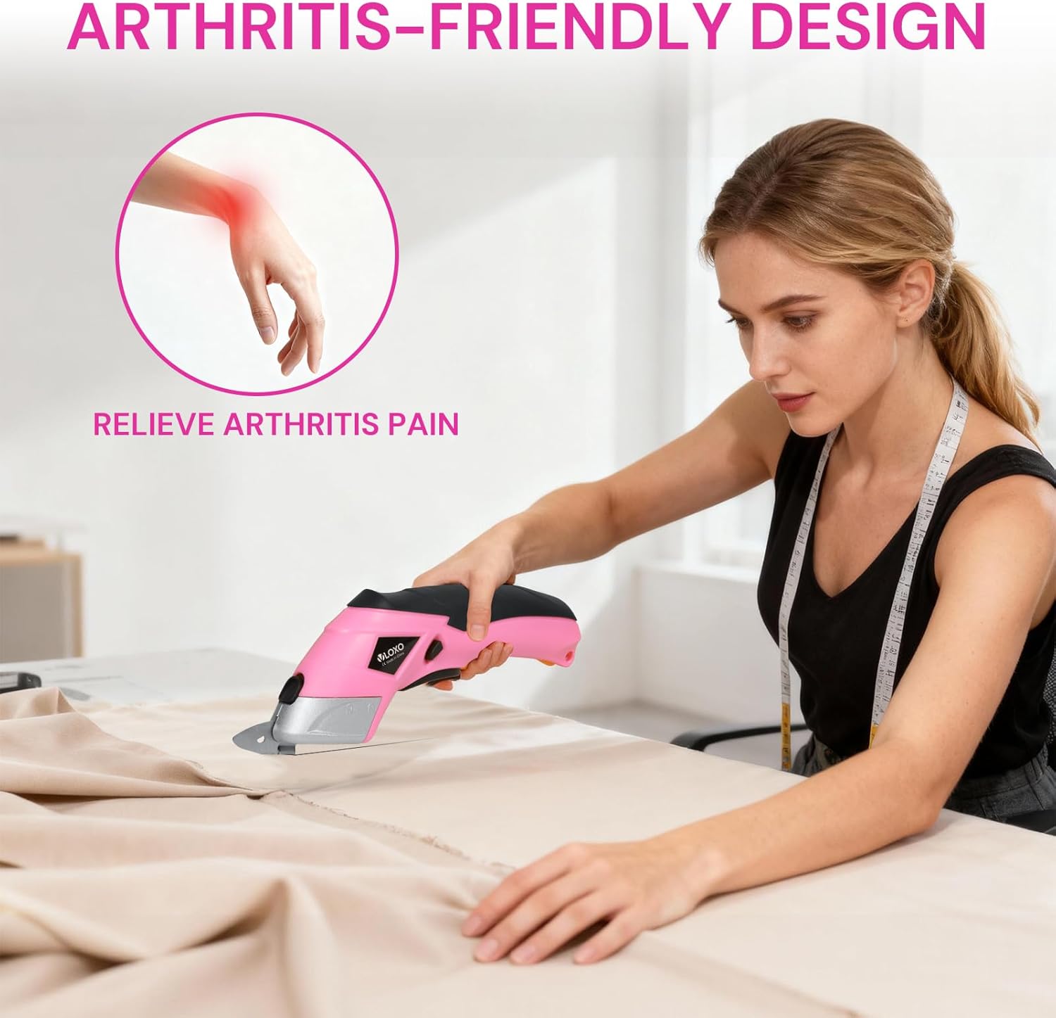 VLOXO Cordless Electric Scissors Cardboard Cutter with 2 Type Blades Rechargeable Powerful Shears Cutting Tool for Fabric Electric Box Cutter Leather Felt with Charger & Storage Box-Pink