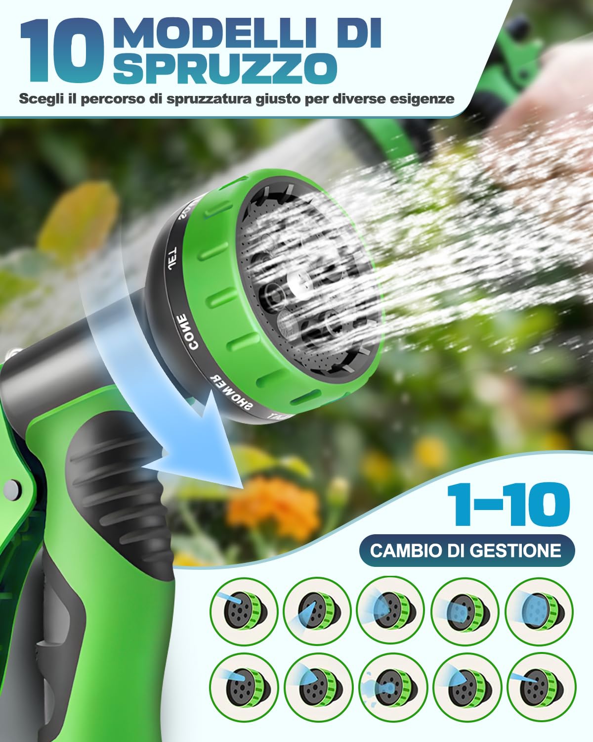 Tubo Giardino Estensibile con Pistola 10 Funzioni, Tubo Irrigazione Flessibile Antitorsione in Lattice a 3 Strati, Connettori in Ottone Massiccio, Tubo Acqua per Giardinaggio e Prato
