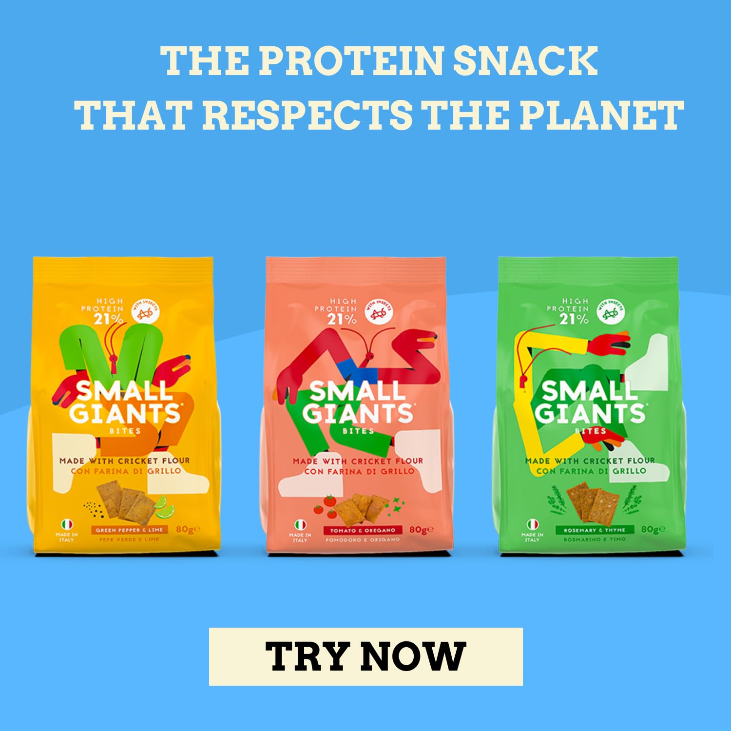 SMALL GIANTS®| Chipsy Proteinowe Jadalne Owady, Zdrowe Przekąski z Mąką ze Świerszczy, Chipsy Mix, Low Carb, Smak Pomidor&Oregano, Rozmaryn&Tymianek, Limonka&Czarny Pieprz (Mix- All Flavours)