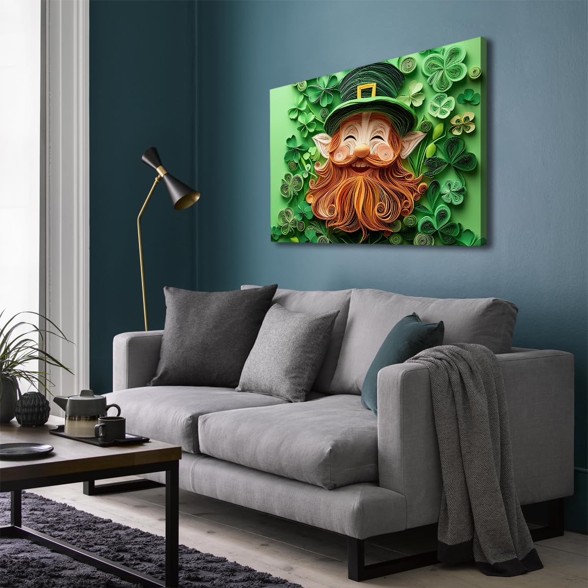 St. Patrick's Day sztuka na płótnie fantazyjne zbliżenie twarzy zielony kapelusz wirujący papier sztuka quilling żywe obrazy plakatowe do dekoracji mieszkania 90 x 110 cm