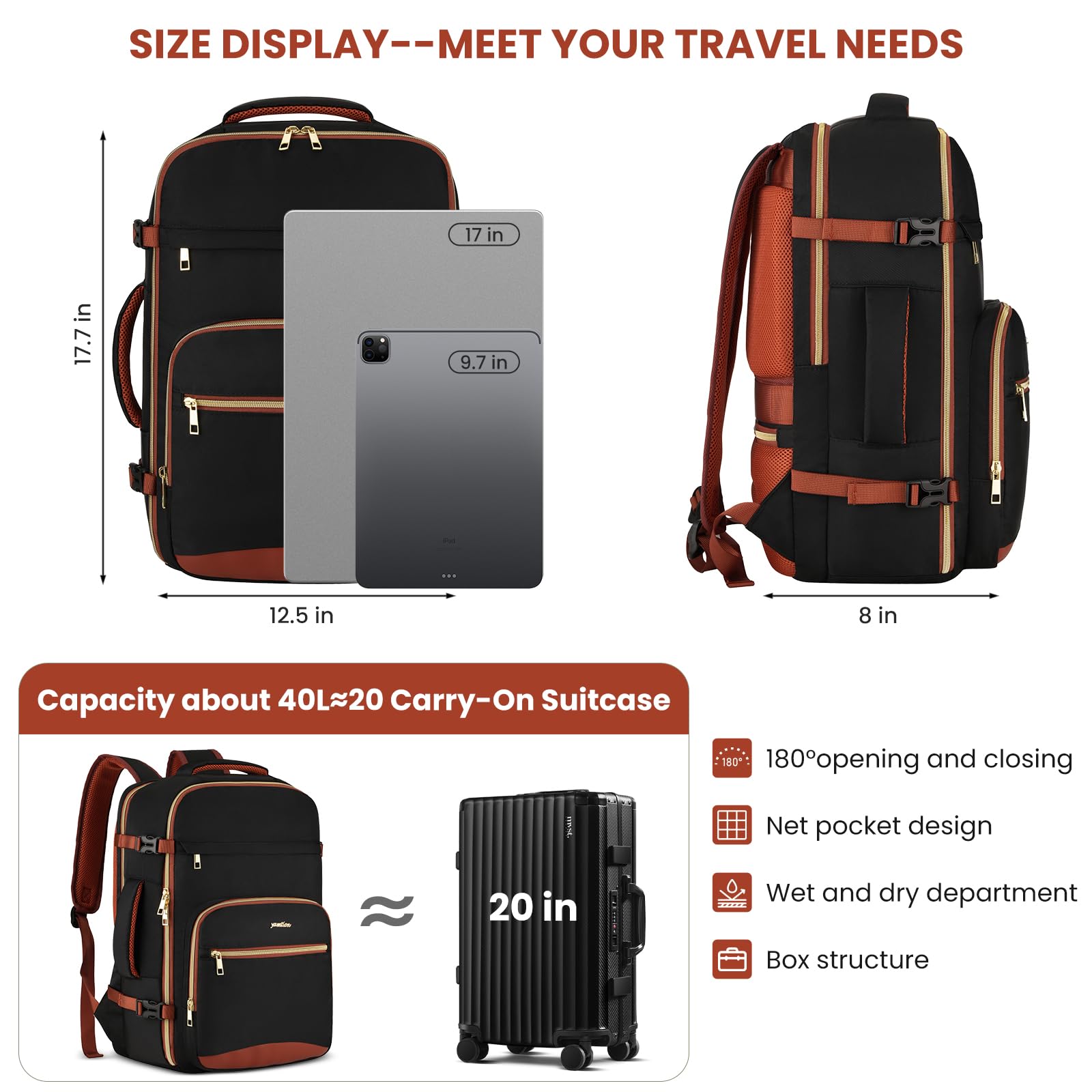 Mochila Viaje - Zaino da viaggio da donna, con 4 cubi di imballaggio, approvato dalla TSA, per viaggi in aereo, per lavoro, escursionismo, lavoro, scuola e college
