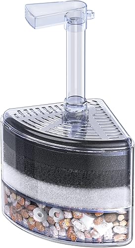 Pawfly Filtro de esponja de esquina para acuario, filtro silencioso de espuma biológica de peces pequeños con piedras naturales, gravas y anillos de