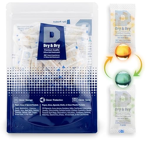 Dry & Dry 0.04 oz 50 paquetes Paquetes de gel de sílice indicadores naranja desecantes - Paquetes de sílice seguros para alimentos, gel de sílice,