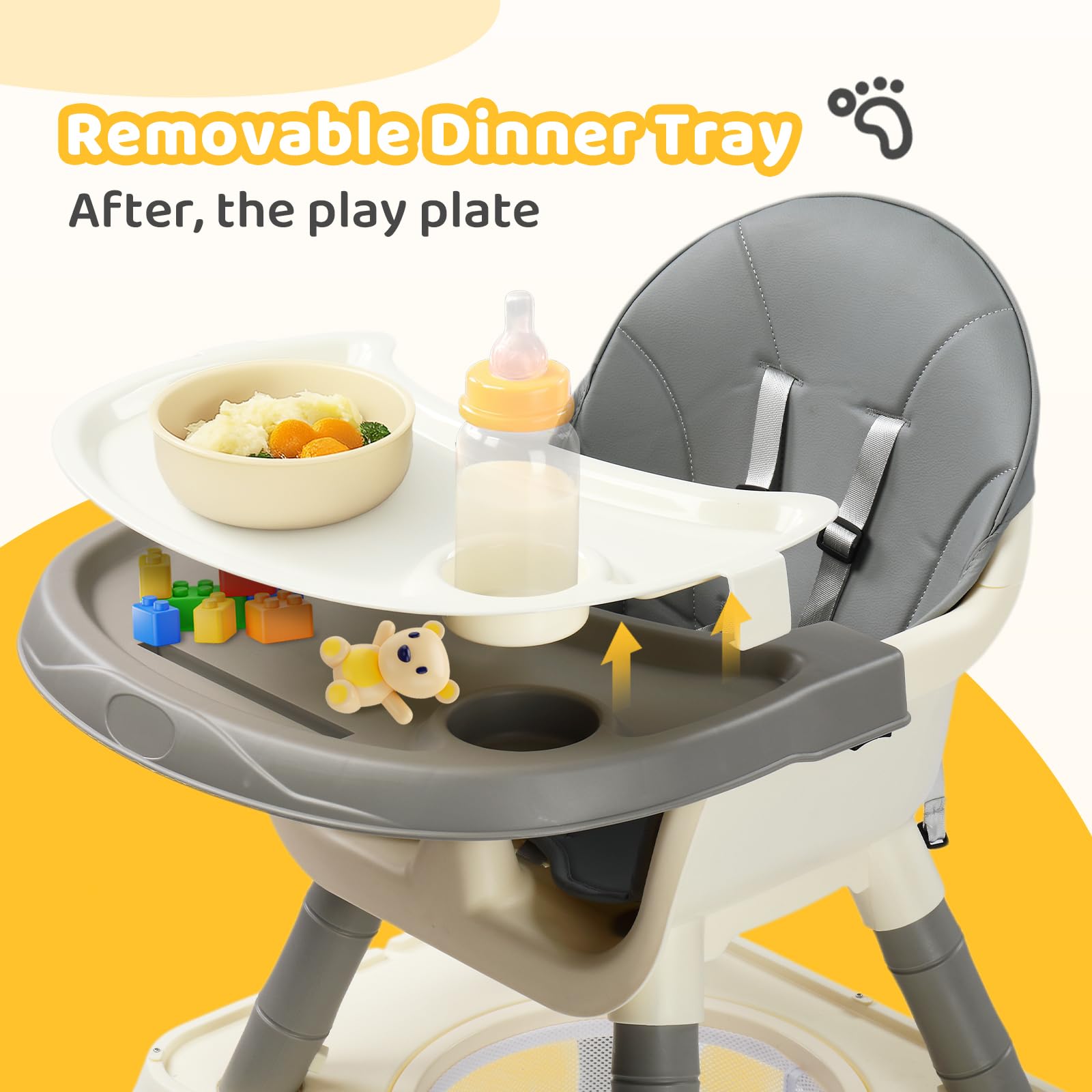 Bonnlo Baby Hochstuhl mit Liegefunktion, Hochstuhl Baby ab 6 Monate für Essen und Badewanne, Premium Babystuhl mit Goldrahmen, Inkl. Doppeltablett und Fußstütze, Bis 15 kg (Grau)