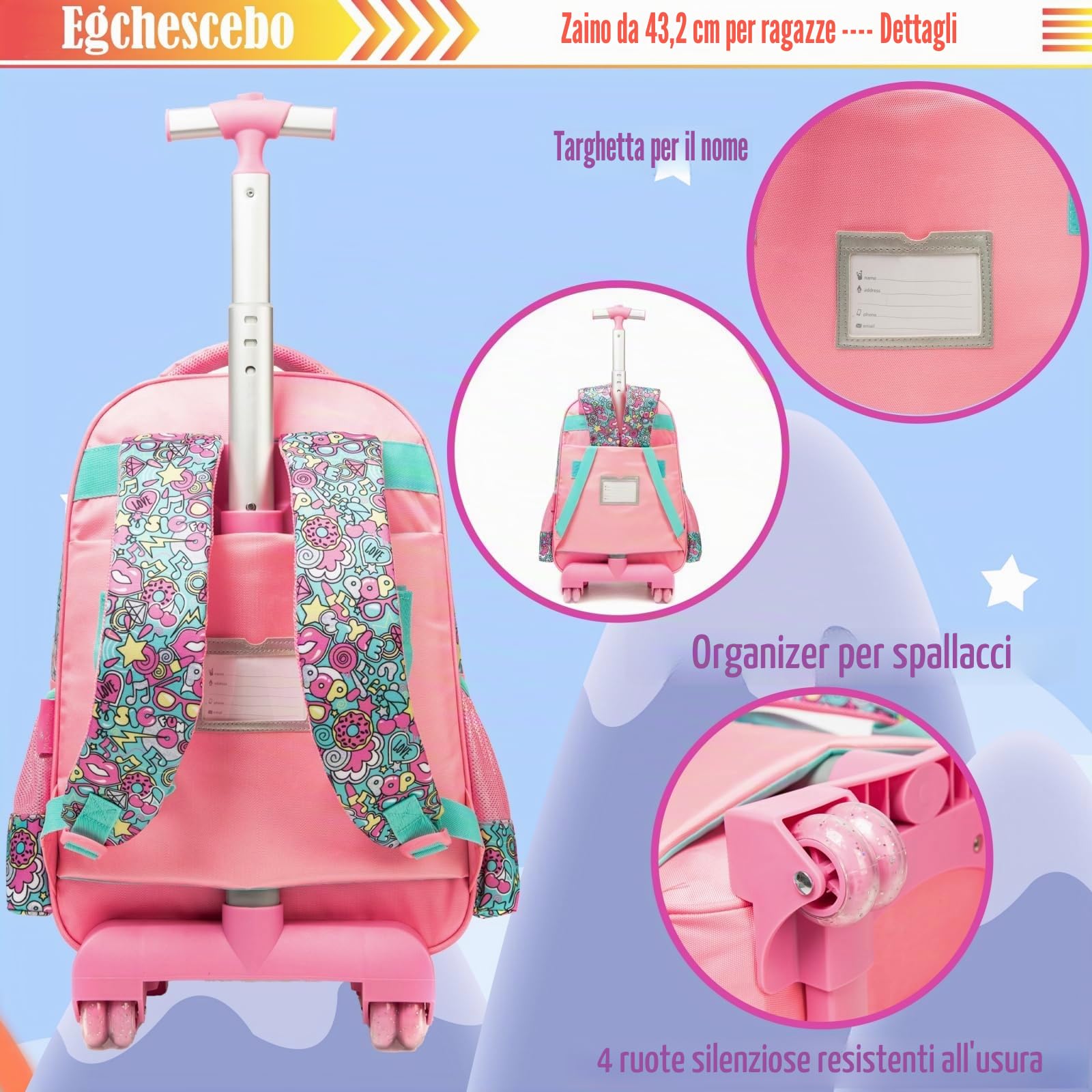 Zaino Trolley Elementare Bambina Ruote Regoli da 17” Viaggio Carrello