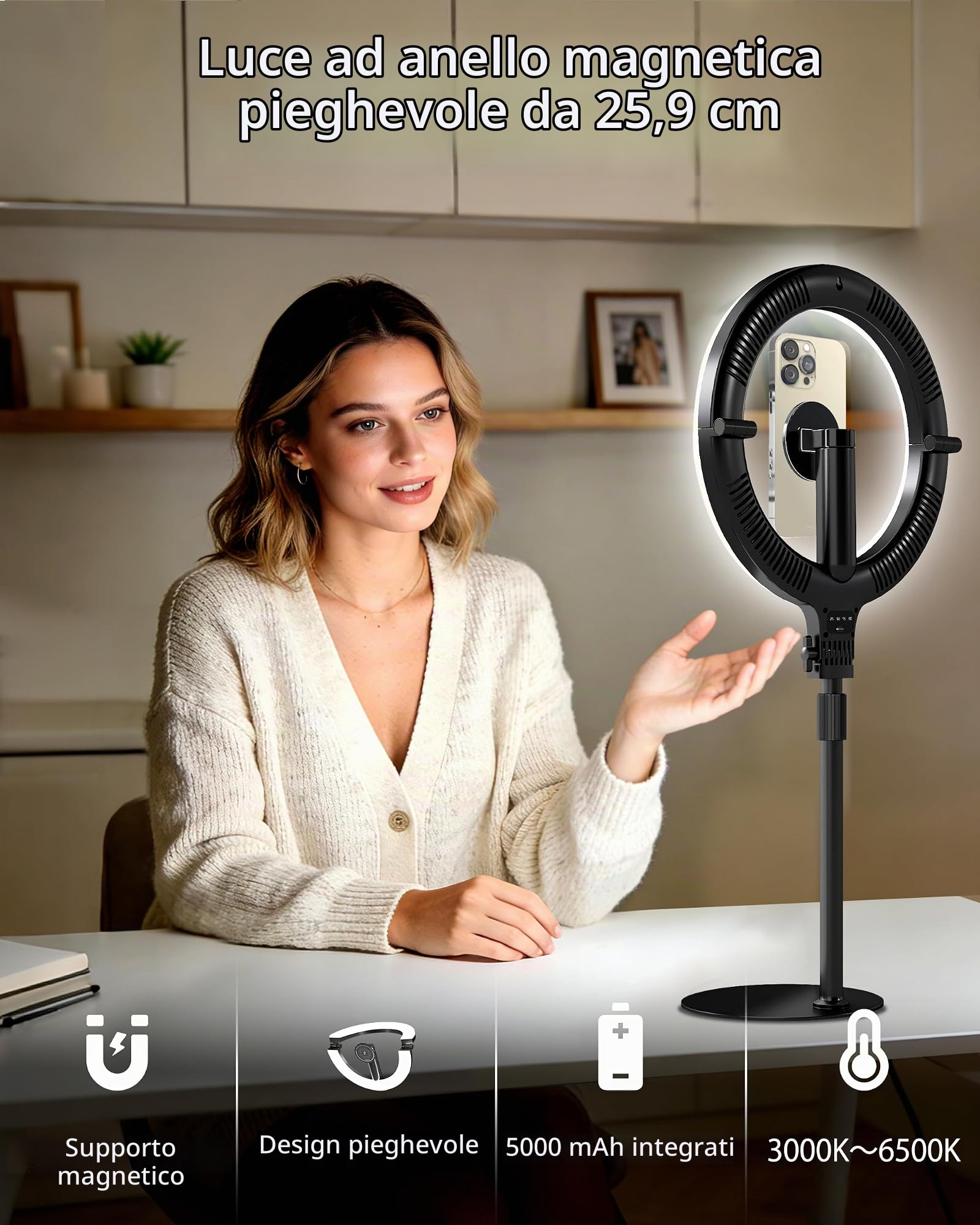 NiceVeedi Luce ad anello da 25,4 cm per registrazione video, 5000 mAh, pieghevole, per selfie, con supporto e supporto magnetico per telefono, luce halo per videoconferenze, per live streaming