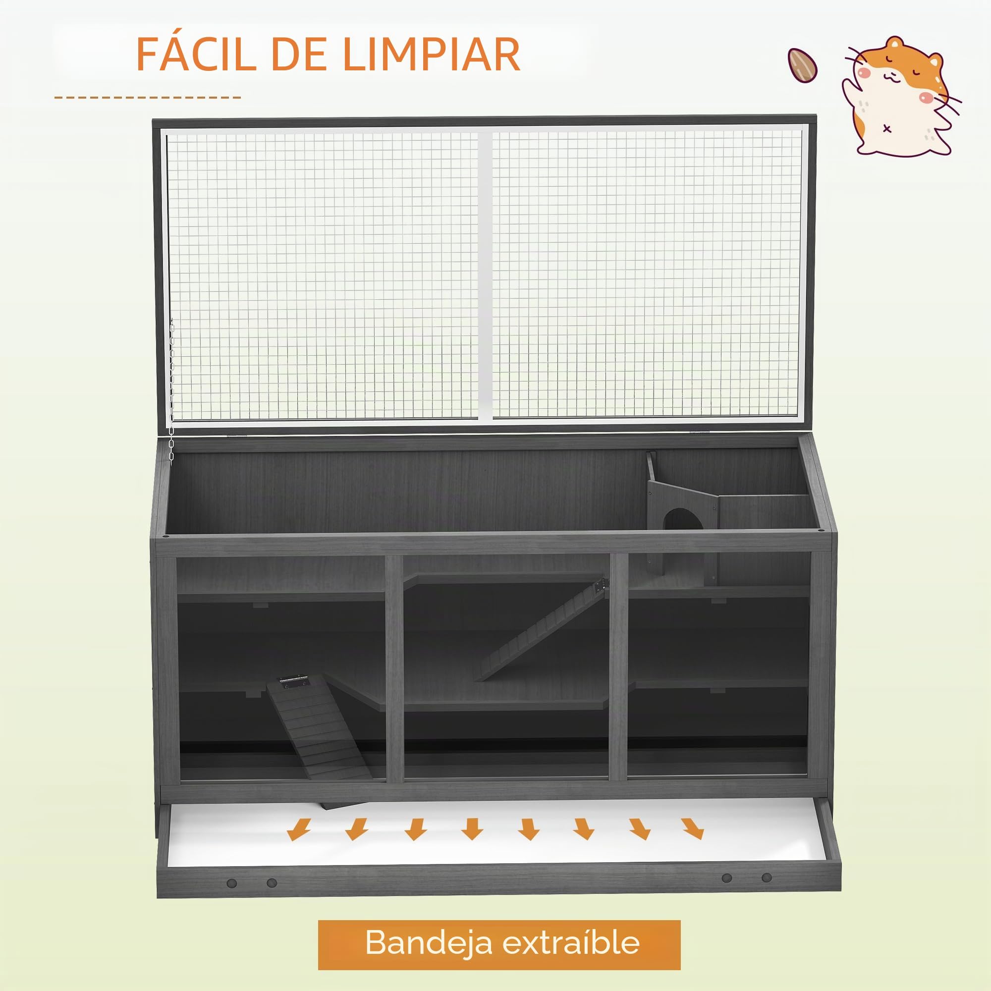 PawHut Jaula de madera para hámster de 3 niveles, con bandeja limpiable, jaula para animales pequeños, con tapa plegable, para hámsters enanos, 115 x 57 x 55 cm, gris