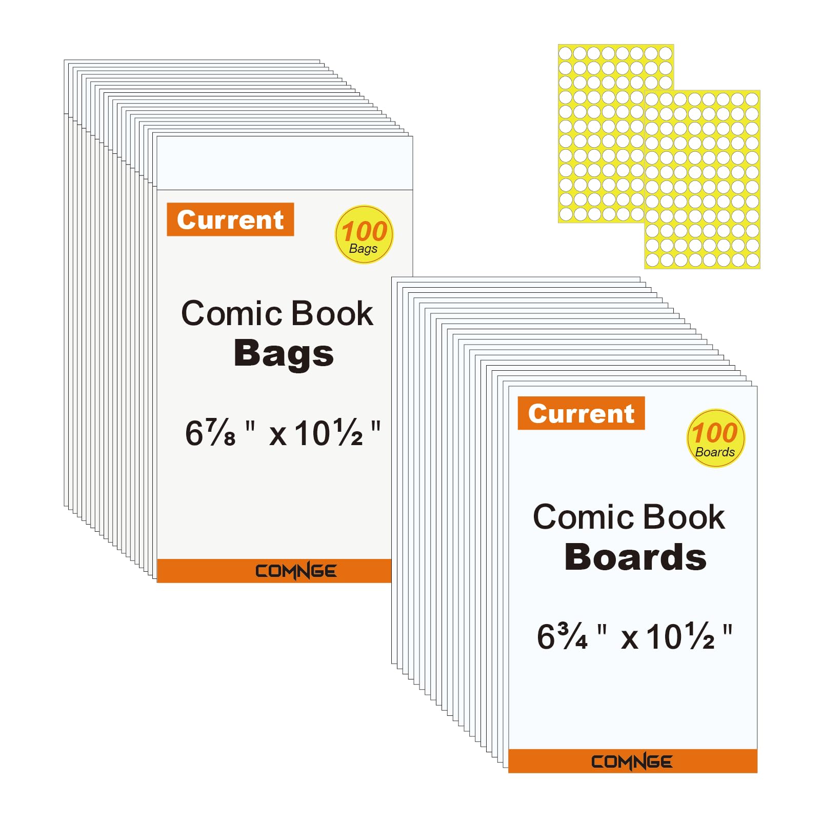 100ct Current Comic Bags and Boards - Reusable Modern Comic Sleeves 6 7/8 x10 1/2 Inch with Stickers, Acid-Free Comics Storage Display, Clear Protectors with cardboards, Prevent Yellowing & Bending