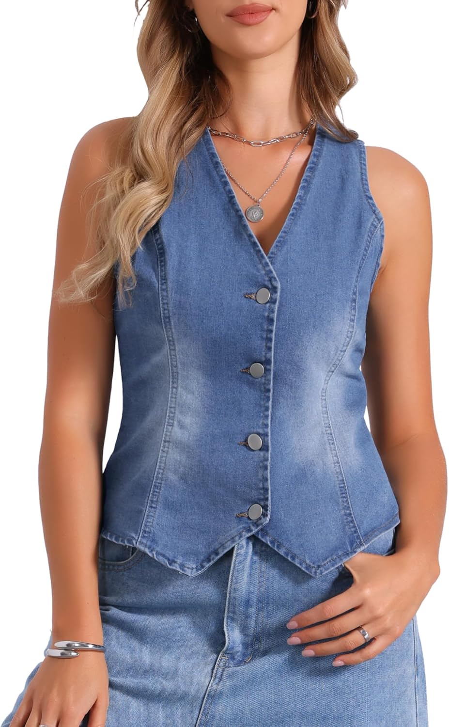 Allegra K Denim Vest Top for Women Sleeveless V Neck Button Down Jean Waistcoat Fashion Casual Jacket