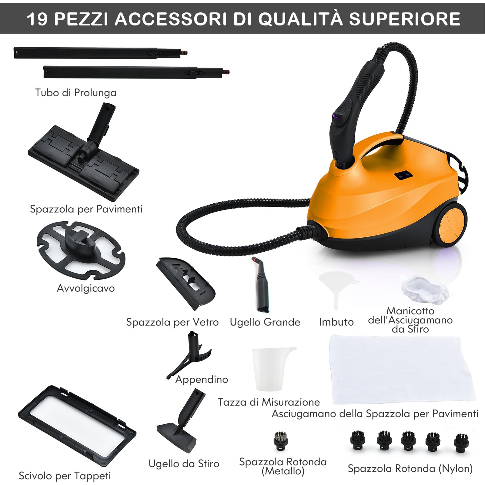 RELAX4LIFE Pulitore a Vapore 2000W, Serbatoio 1,5L da 45 Minuti, 19 Accessori, Continuo a 108°C e 4 Bar per Pavimenti, Tappeti, Auto, Vetri, Igienizza Senza Chimici, Blocco Sicurezza (ARANCIONE)
