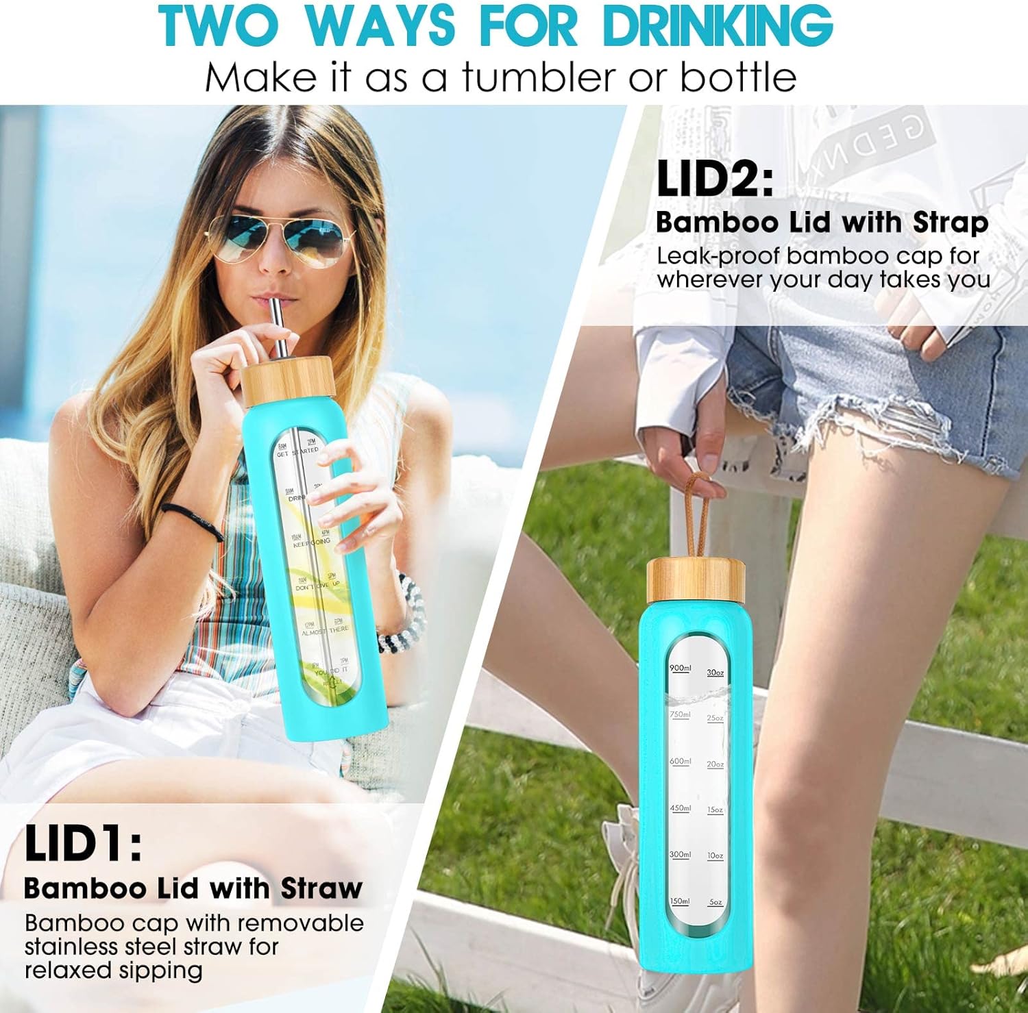 32 oz Glass Water Bottle with Straw - Motivational Time Marker & Silicone Sleeve - Reusable Tumbler Includes 2 Bamboo Lids & Fruit Infuser - 1 Pack - Image 5