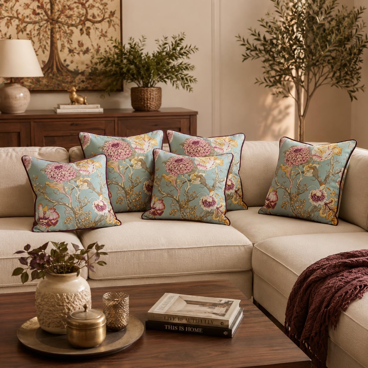 Handmade Throw/Pillow Cushion Cover : 100% Cotton Fabric : High Thread Count : Set of 5-image-49