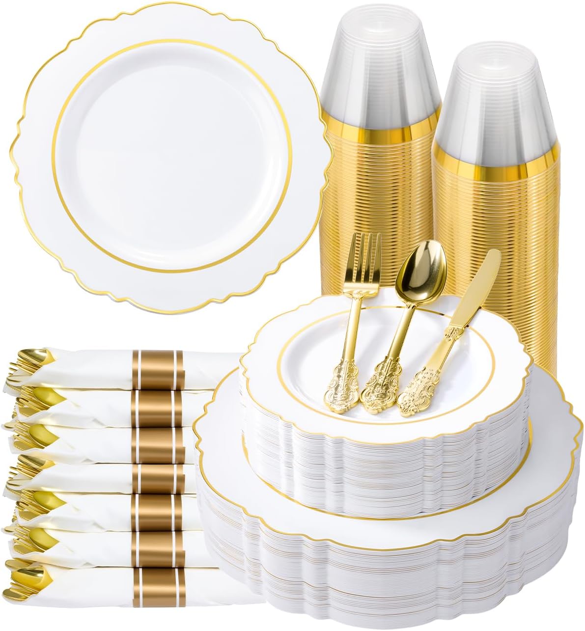 350 Piece White Gold Plastic Dinnerware Set for 50 Guests Elegant Baroque Disposable Dinnerware for Weddings, Parties, 100 Plastic Plates, 50 Pre Rolled Napkins with Silverware, 50 Cups