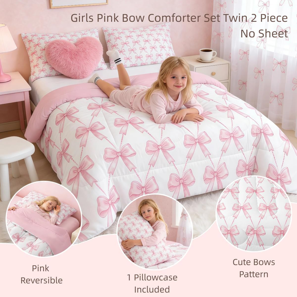 Feelyou Pink Bow Twin Bedding Set for Girls, Pink Bow Comforter Set for Kids, Cute Bowknot Girls Comforter Kawaii Dreamy Princess Style Room Decor, 1 Pillowcase - Image 7
