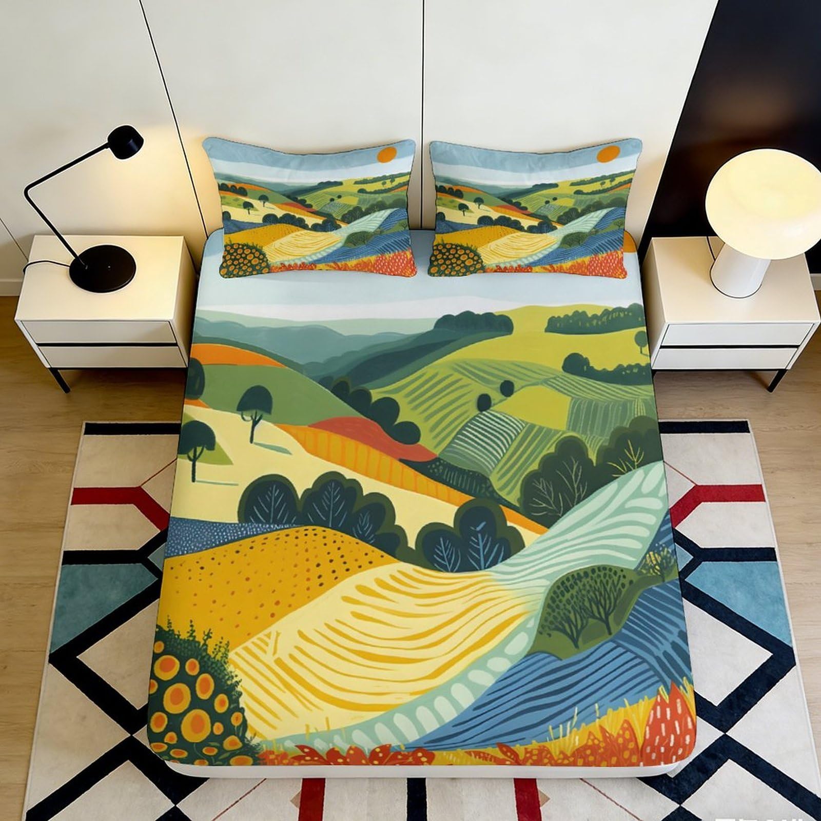 3D Printed Countryside Landscape Fitted Sheet Microfiber Soft Breathable Village Field Bed Cover for Bedroom Guest Room Decor 90x200x25cm