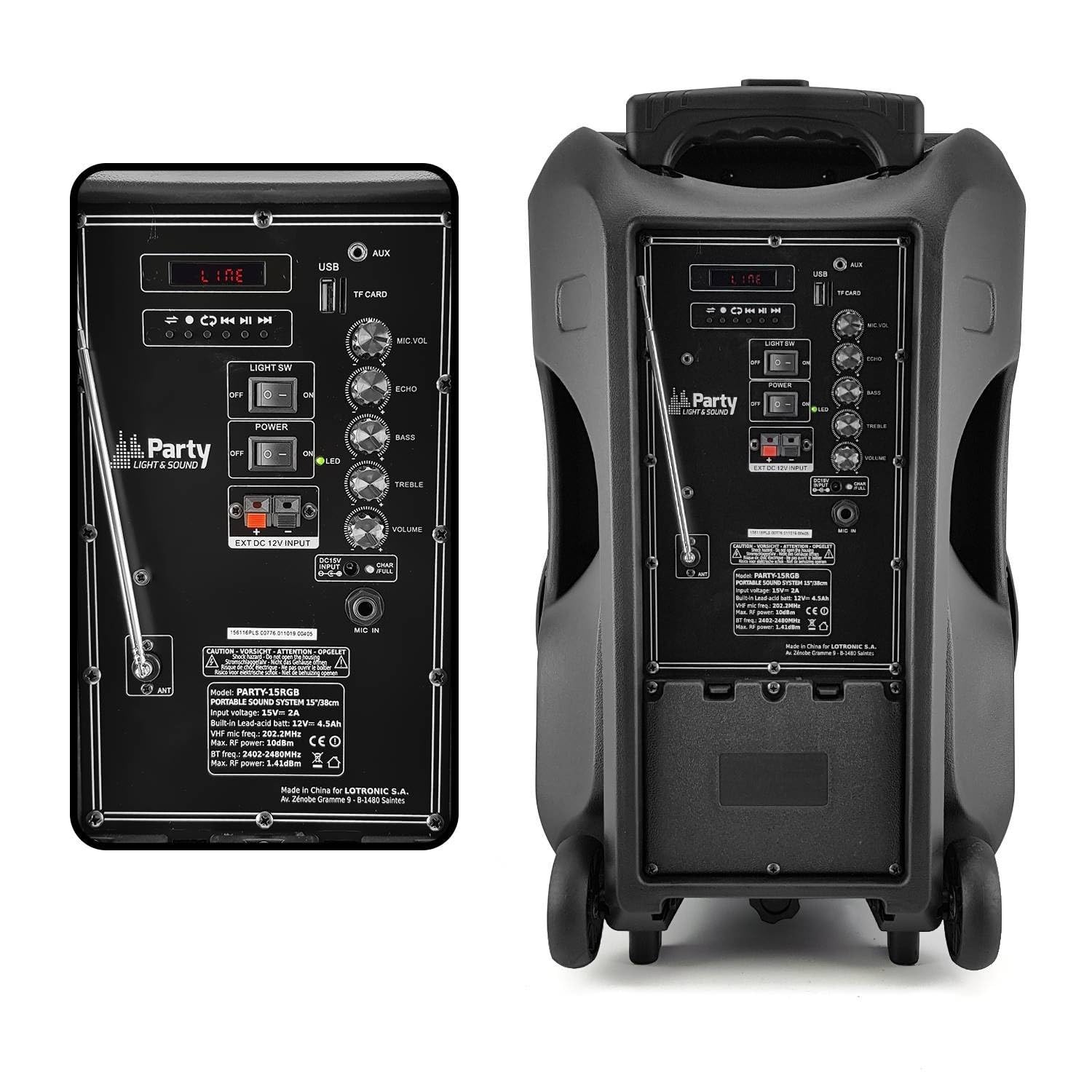 Enceinte Sono Portable Batterie 800W - 15" à LED RGB - USB/Micro SD/BT/FM + Micro VHF + Tél