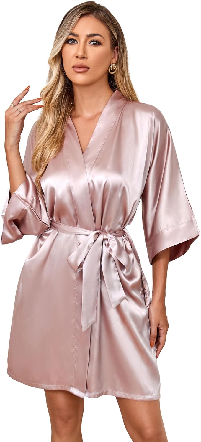 VOGUEMAX Women’s Short Kimono Robe Silky Satin Bathrobe Bride Bridesmaids Getting Ready Sleepwear Soft Nightgown