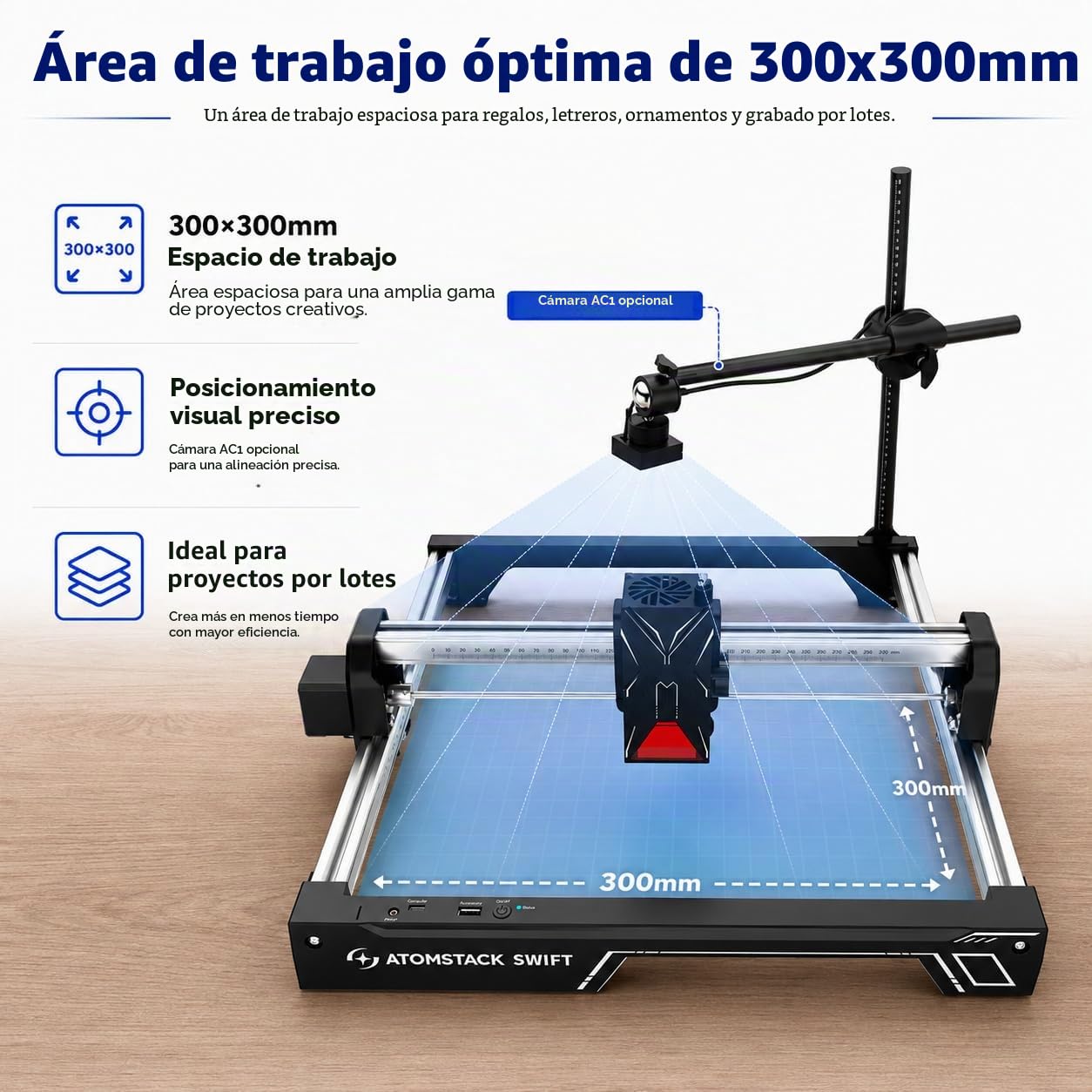 Grabador Láser ATOMSTACK Swift para Principiantes, Cortadora Láser de 7000mW, Área de Trabajo de 300×300mm, Máquina de Grabado Láser de Alta Precisión para Madera, Cuero, Metal Recubierto (Swift 7W)