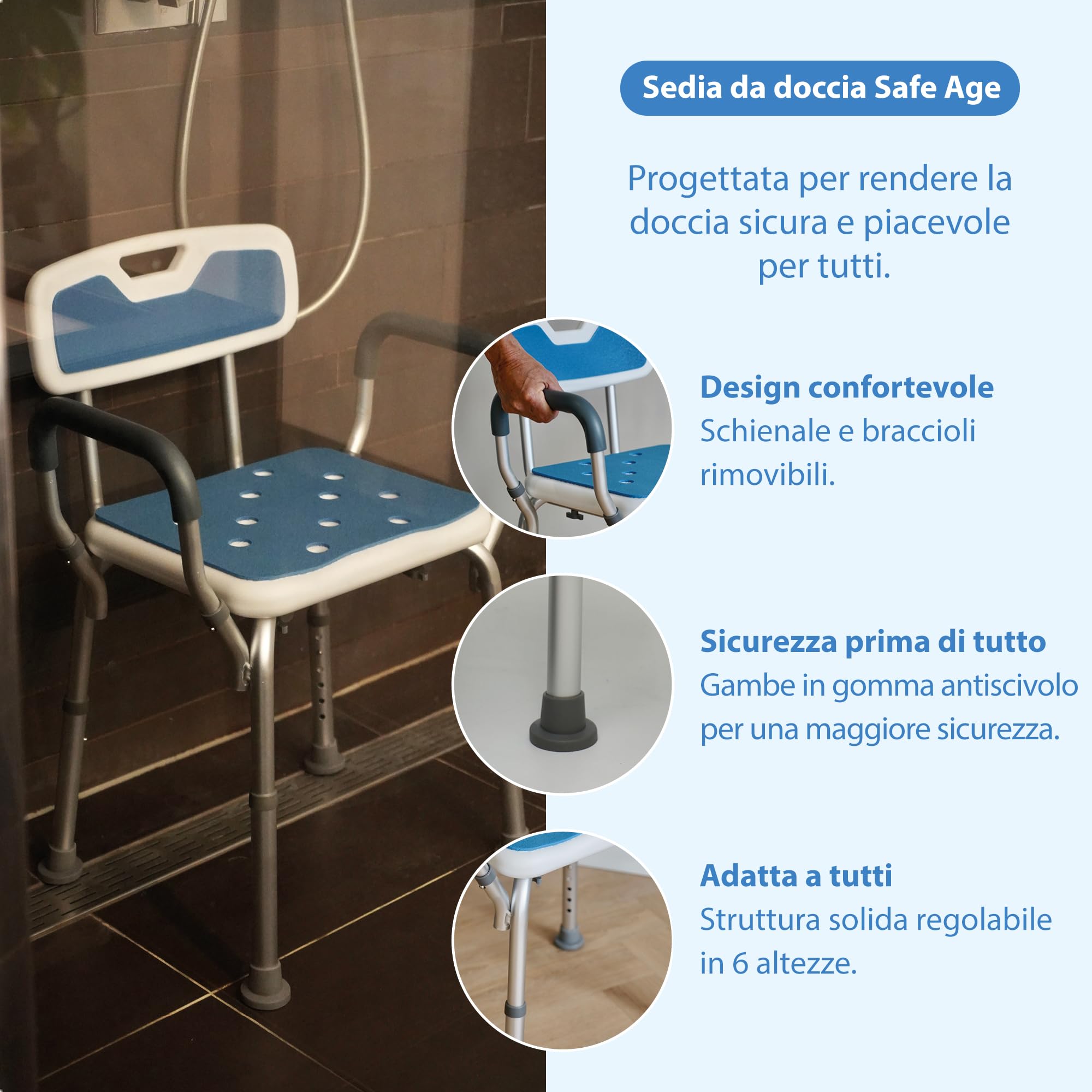 Safe Age Sedia per Doccia per Anziani - Sgabello Doccia Antiscivolo con Schienale e Braccioli Rimovibili, Regolabile in Altezza e Facile da Montare