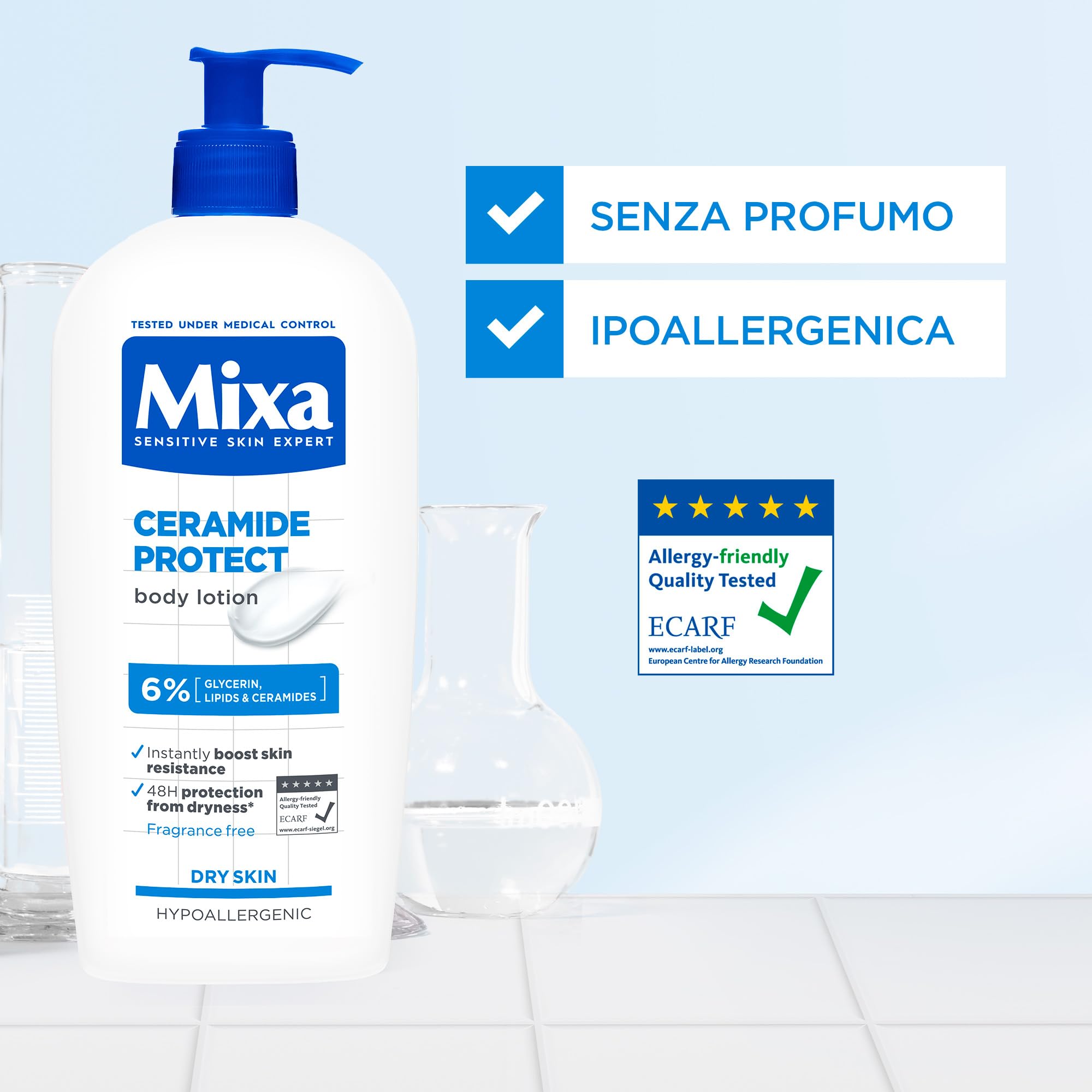 Mixa Lozione Corpo Idratante Rinforzante, Per Pelli Sensibili e Molto Secche, Pelle Protetta da Secchezza per 48H, Con il 6% di Ceramidi, Glicerina e Lipidi, Senza Profumo, Ceramide Protect, 250 ml