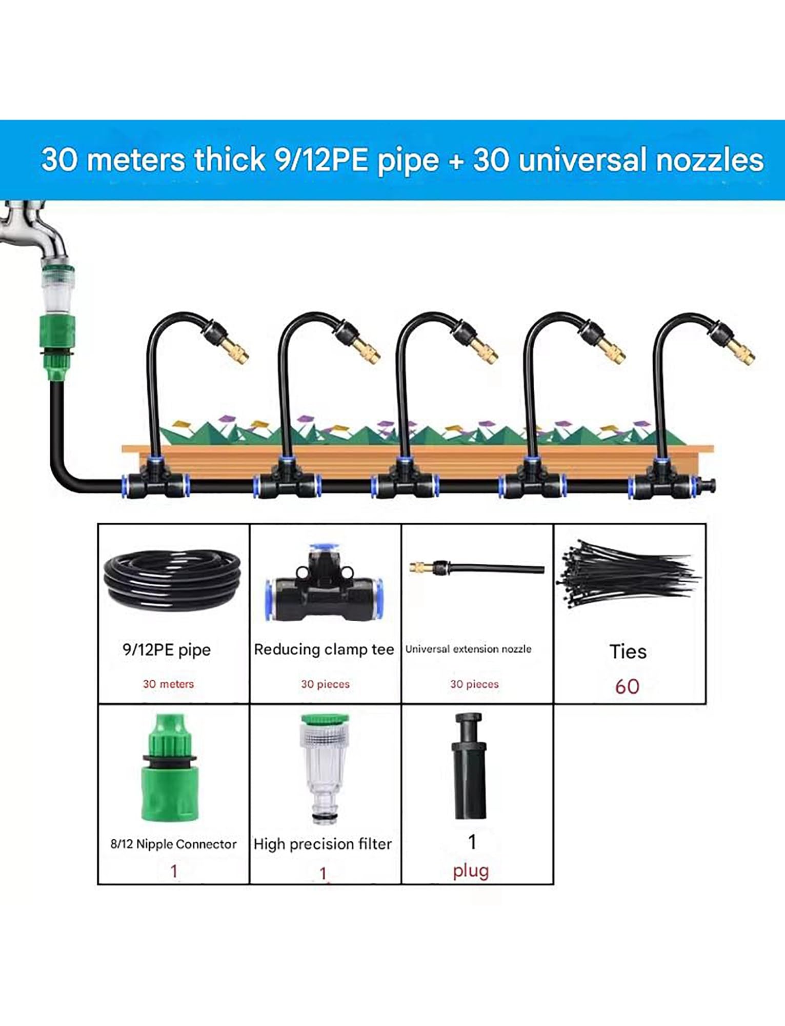 Kit di irrigazione a goccia for serre, irrigazione automatica, tubo flessibile regolabile a 360° con 30 ugelli, irrigazione for patio, irrigazione delle piante con tubo distributore da 98 piedi