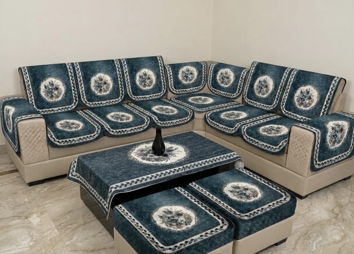 zestrex digital print velvet l shape sofa cover grey floral 17 pcs | center table cover combo, soft & washable, furniture protector, grey floral pattern, 17 pcs set