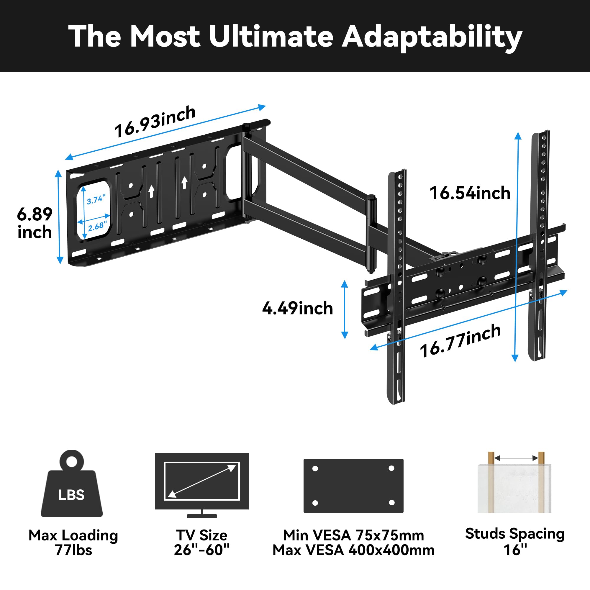 FORGING MOUNT Supporto da parete per TV a braccio lungo per la maggior parte dei televisori piatti e curvi da 26-60 pollici, estensione a movimento completo, braccio articolato, orientabile
