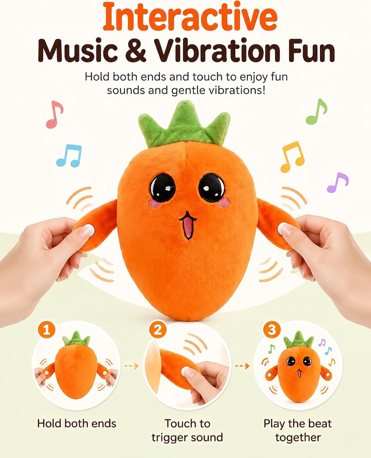 Generico Peluche Musicale Sensoriale, Peluche Musicale Interattivo a Forma di Frutta, Bambola Sonora Tattile Ricaricabile, Pupazzo a Forma di Banana, Regalo per Neonati e Bambini (Carota)