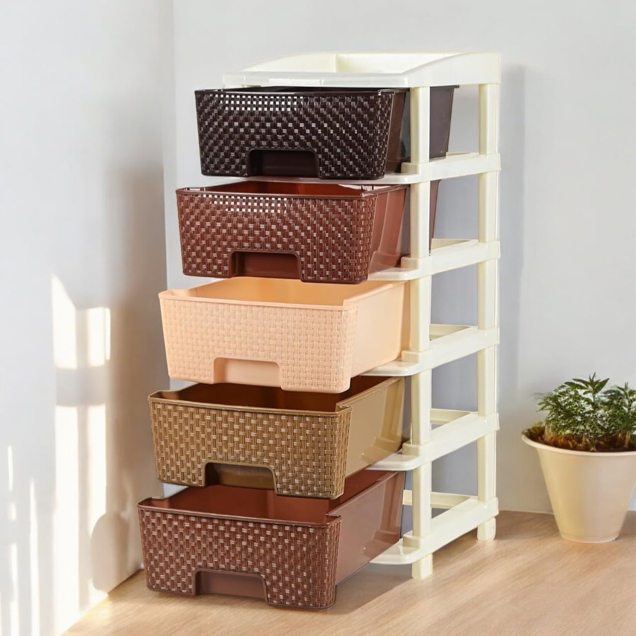 Smarttex™ Plastic Modular Drawer Storage Chest Of Drawers Organizer Storage Box, Large Stomo Racks For Multipurpose Anti-slip Shoes Organizers (Coffee & Chocolate, 5 Layer)