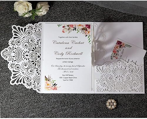 Miniatura 4 de 50sets 3D Pop Up Novia y Novio Blanco Tarjeta de Invitación de Boda Corte Láser Bolsillo Floral Invitaciones de Compromiso con Sobre y Papel