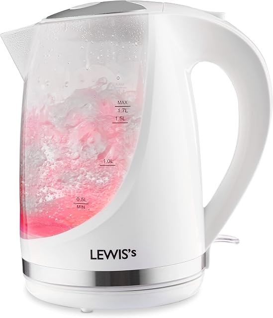 Lewis's Electric Illuminated Kettle Cordless LED Illuminated Kettle - 2200W, Removable Filter - Boil Dry Protection & Auto Shut Off, White Kettle, Kettle White, LED Kettle, (White, 1.7 Litre)