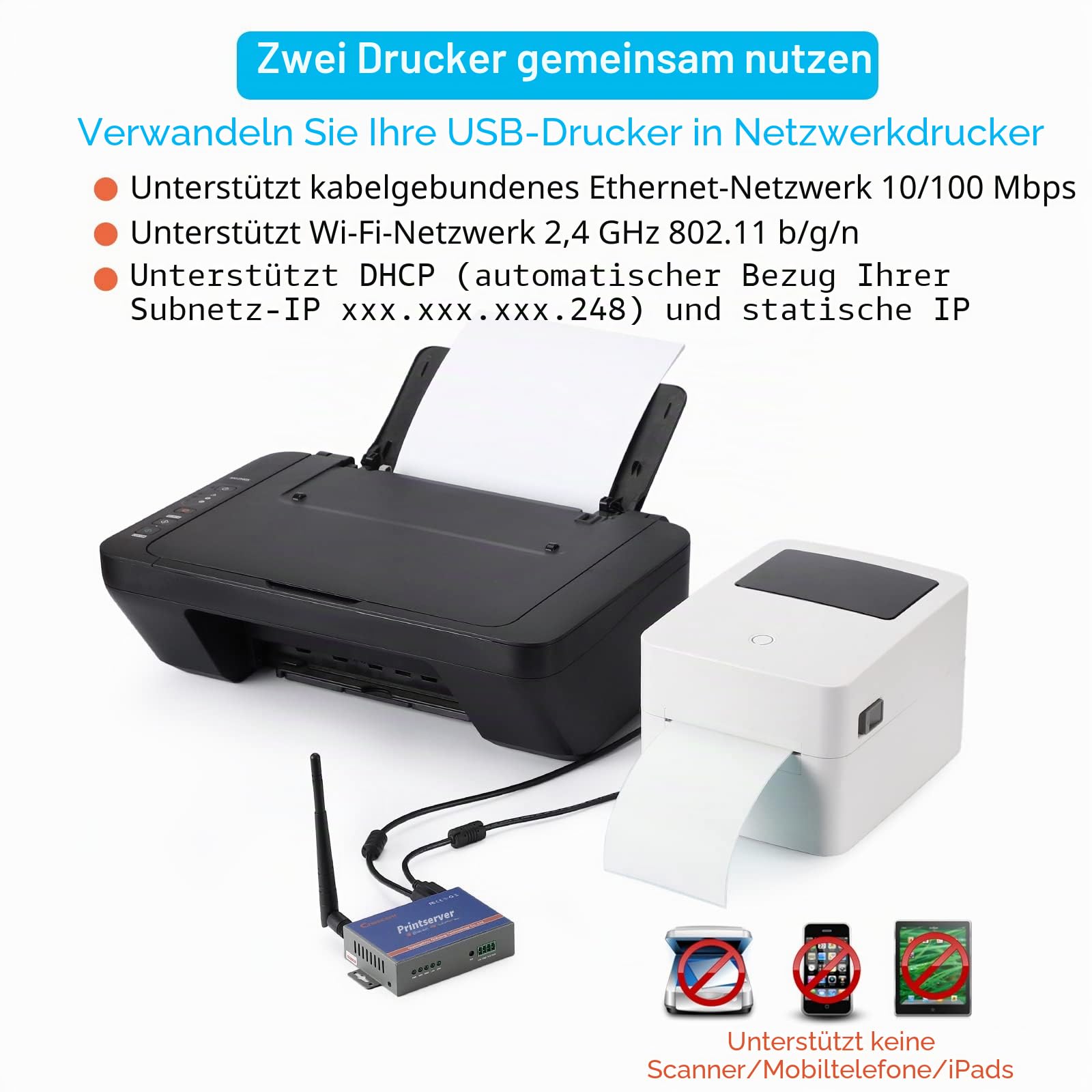 Kabelloser Druckserver für USB-Drucker (Nicht Plug & Play), 2-Port-USB-Druckserver, Konvertieren Sie kabelgebundenen Drucker in drahtlose WiFi-Ethernet-Netzwerke, kompatibel mit Windows Mac