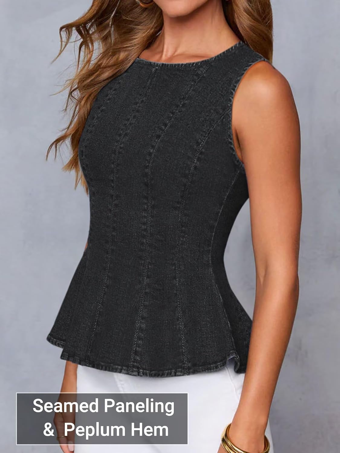 Women's Denim Peplum Tank Top, Summer Stretch Sleeveless Slim Jean Blouse with Contouring Seams and 4/5 Back Zipper - Image 2
