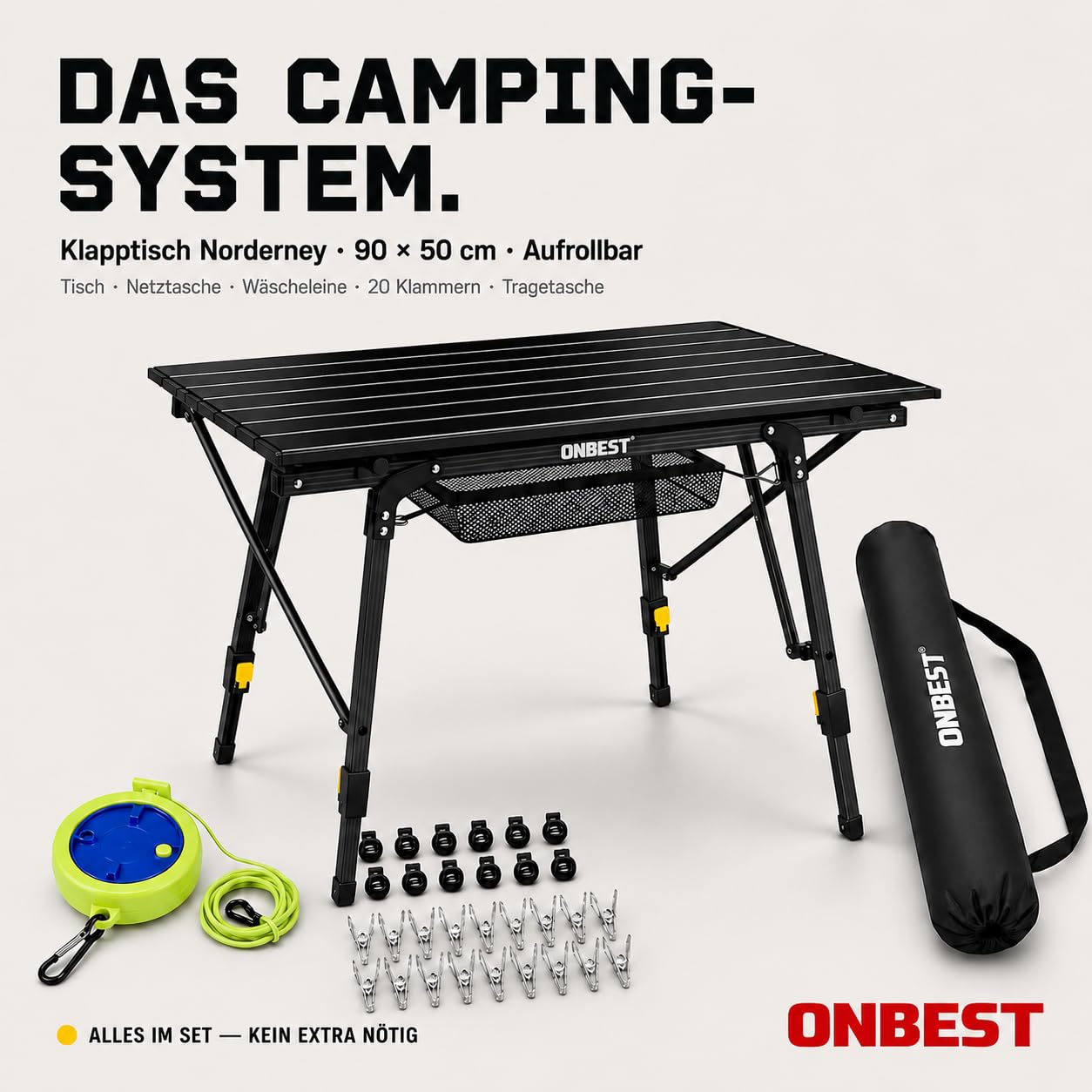 Onbest Campingtisch klappbar – Alu-Klapptisch für 2 Personen | Leichter Campingtisch mit Netztasche und Tragetasche – für Camping, Garten, Angeln, Outdoor, Picknick und Festival