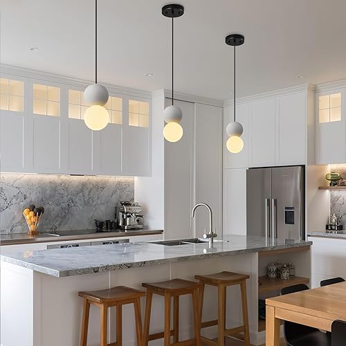 Miniatura 6 de ADCTHOME Moderna lámpara colgante de hormigón de 1 luz para isla de cocina, lámpara de techo de bola de vidrio blanco, iluminación colgante para