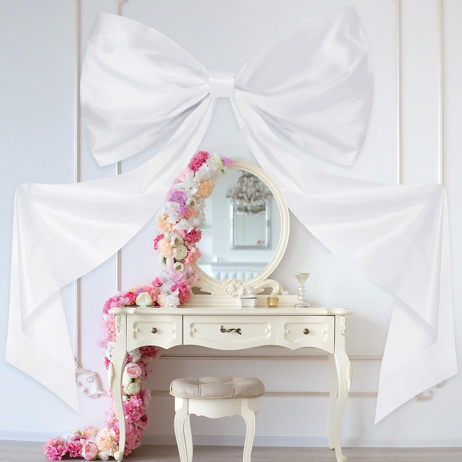 Wavwavw 6.33 Ft Giant Pink Bow Decoration Extra Large Satin Bow with Long Streamers Huge Decorative Bows Oversized Gift Wrapping for Fireplace Mirror Wall Tree Arch Wedding Decor(White)